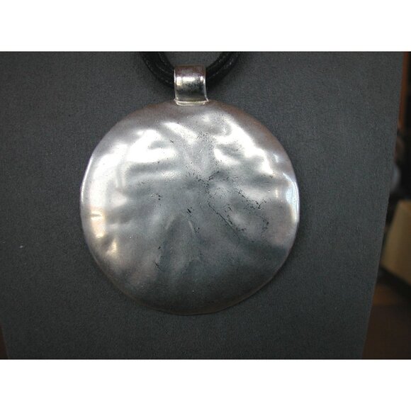 Hammered Silver Pendant Necklace With Black Cord By Karma Bella - Picture 2 of 5
